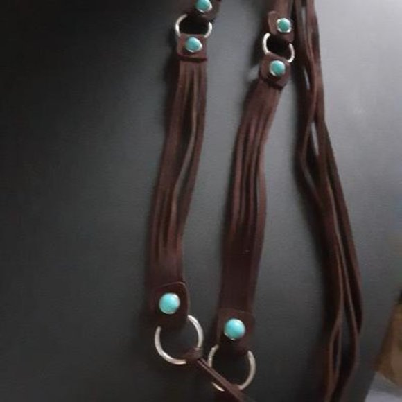 Brown Suede Leather and Faux Turquoise Boho Belt - Picture 5 of 7